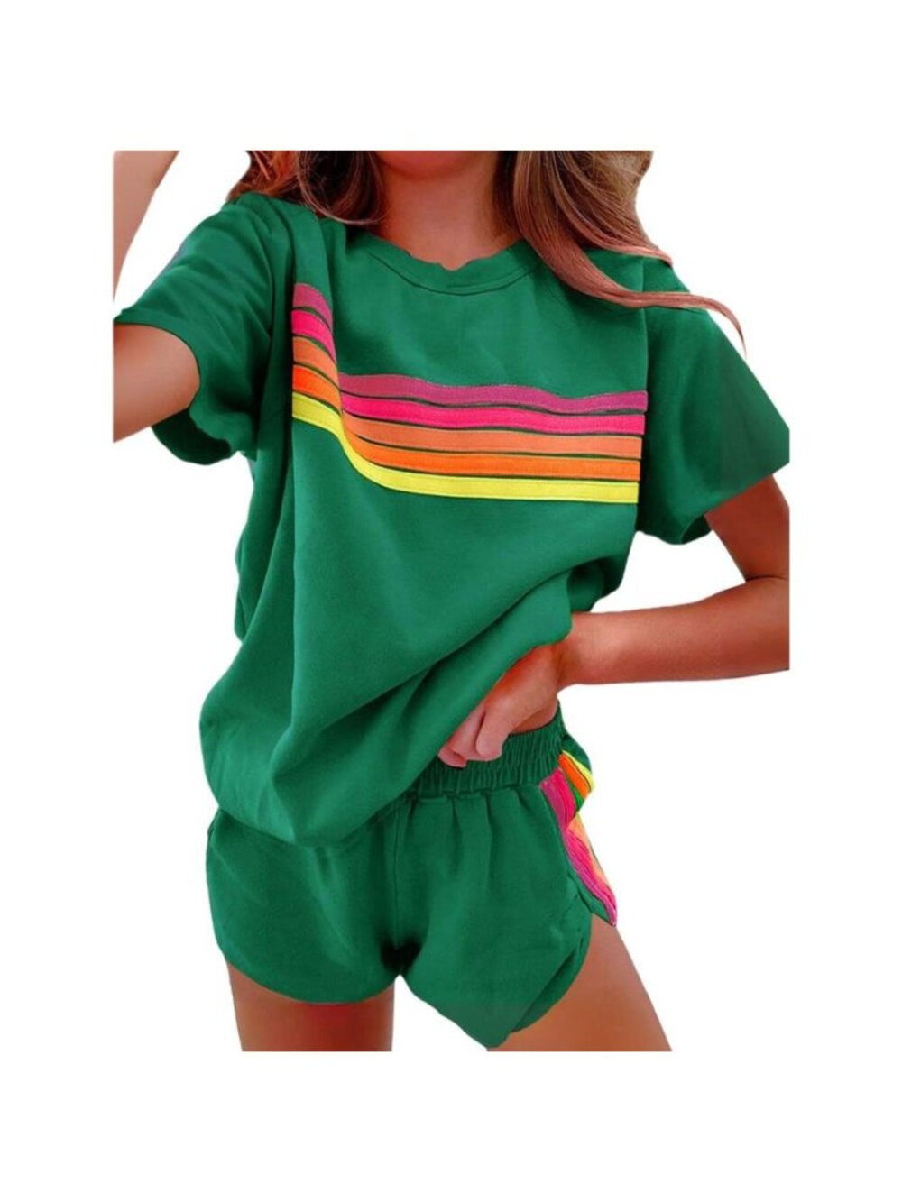 Rainbow Striped Round Neck Top and Shorts Set